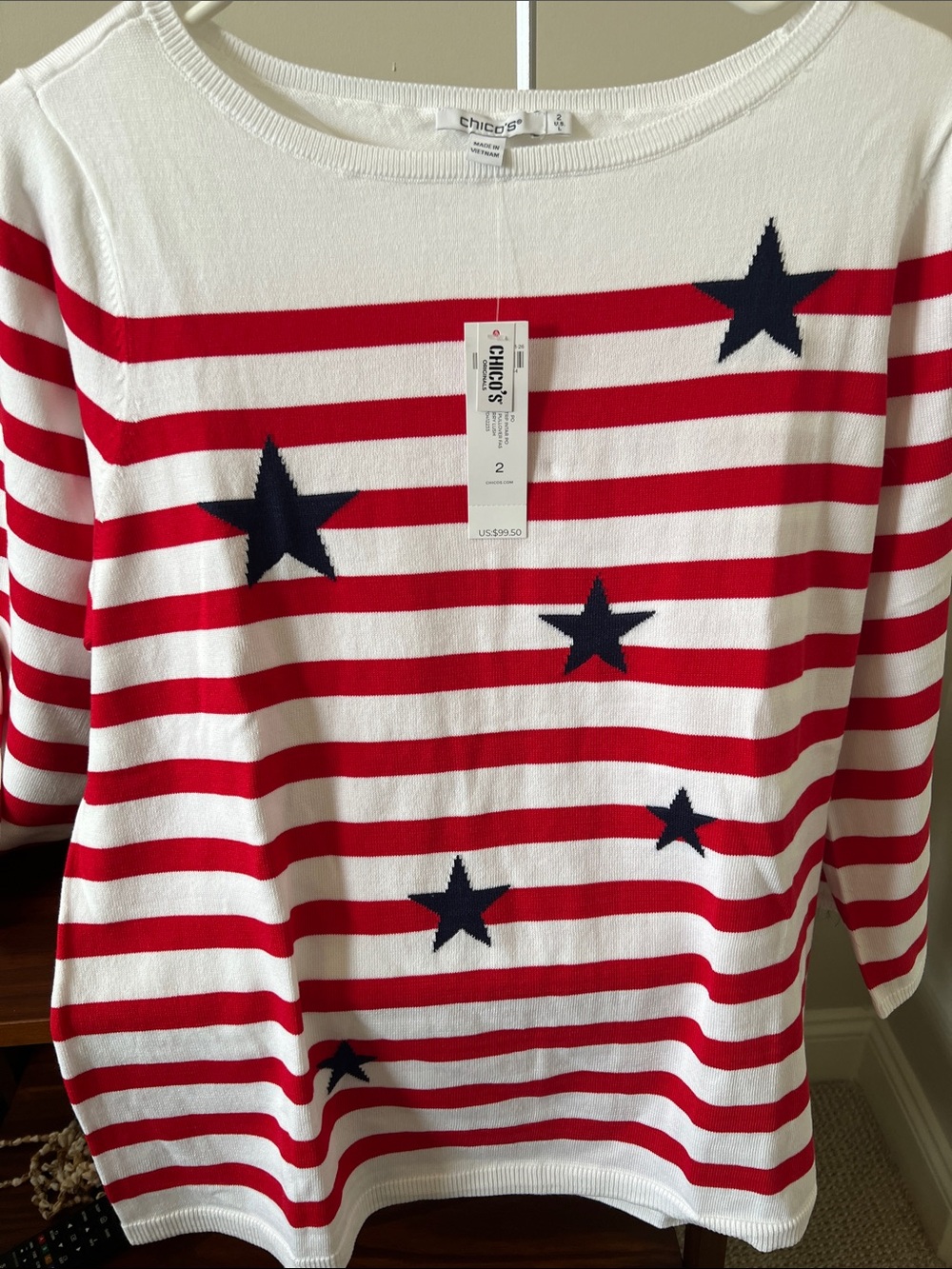 Chico’s Red, White Striped with blue Star Sweater